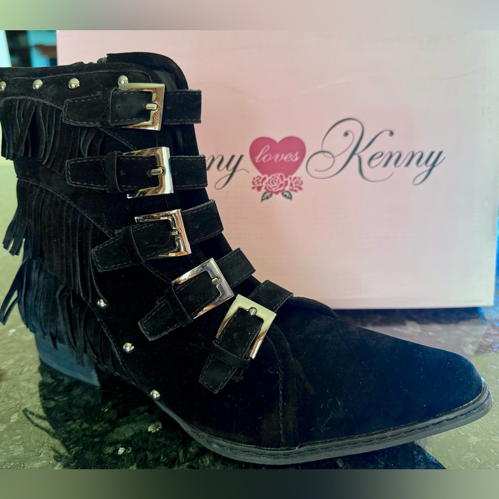 NIB Penny Loves Kenny Boots Booties Size 7.5 BLACK Silver Buckle Fringe Studs